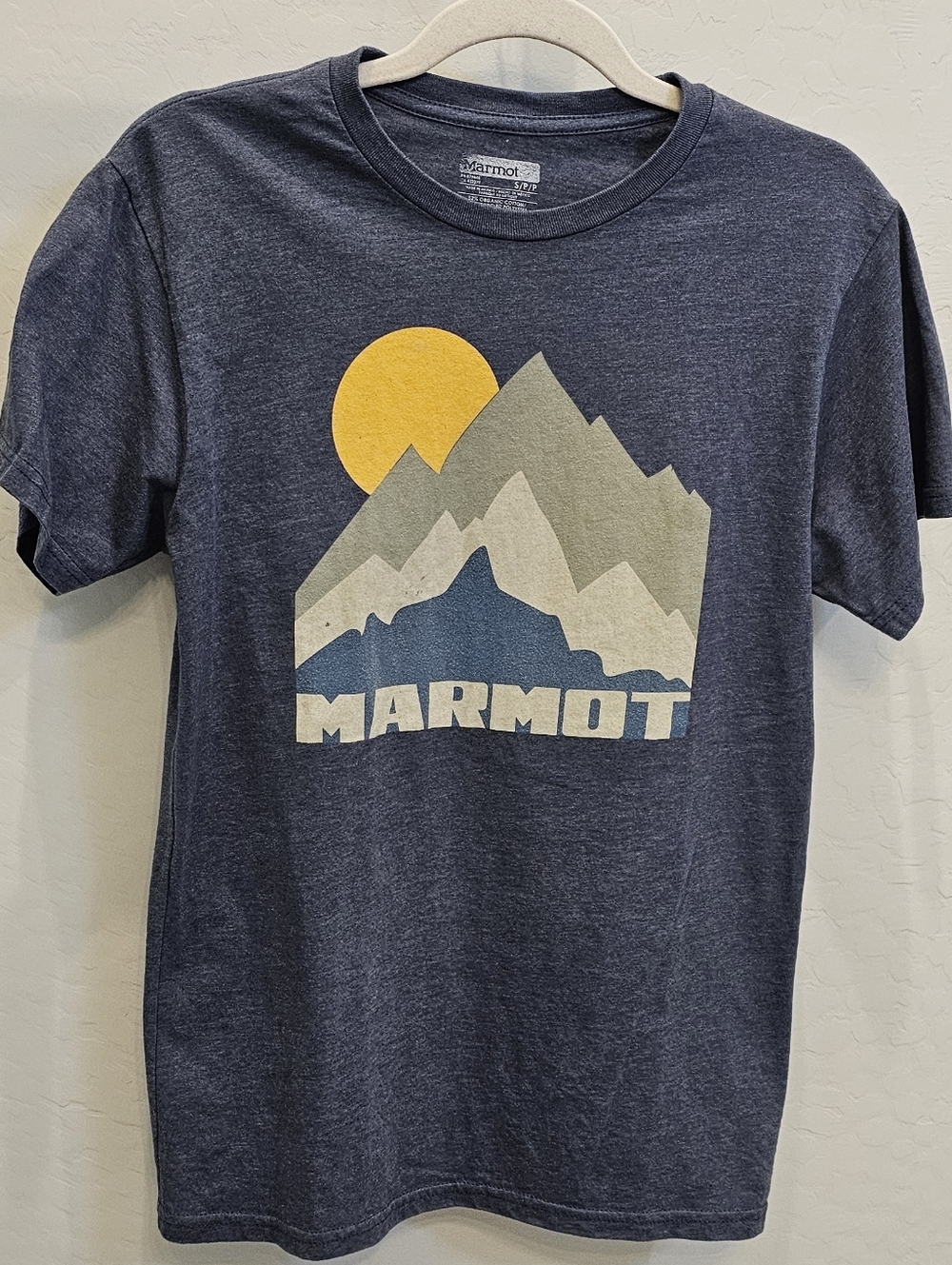 Marmot Navy Mountain Graphic Tee with Yellow Sun